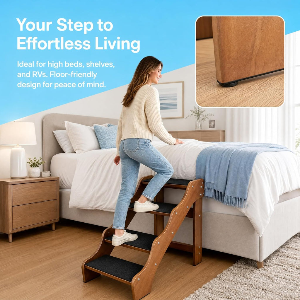 FleiSleep Solid Beech Wood Pet Stairs, Walnut Finish Non-Slip Dog Steps, 2/3/4/5 Steps Available for Sofa Bed RV