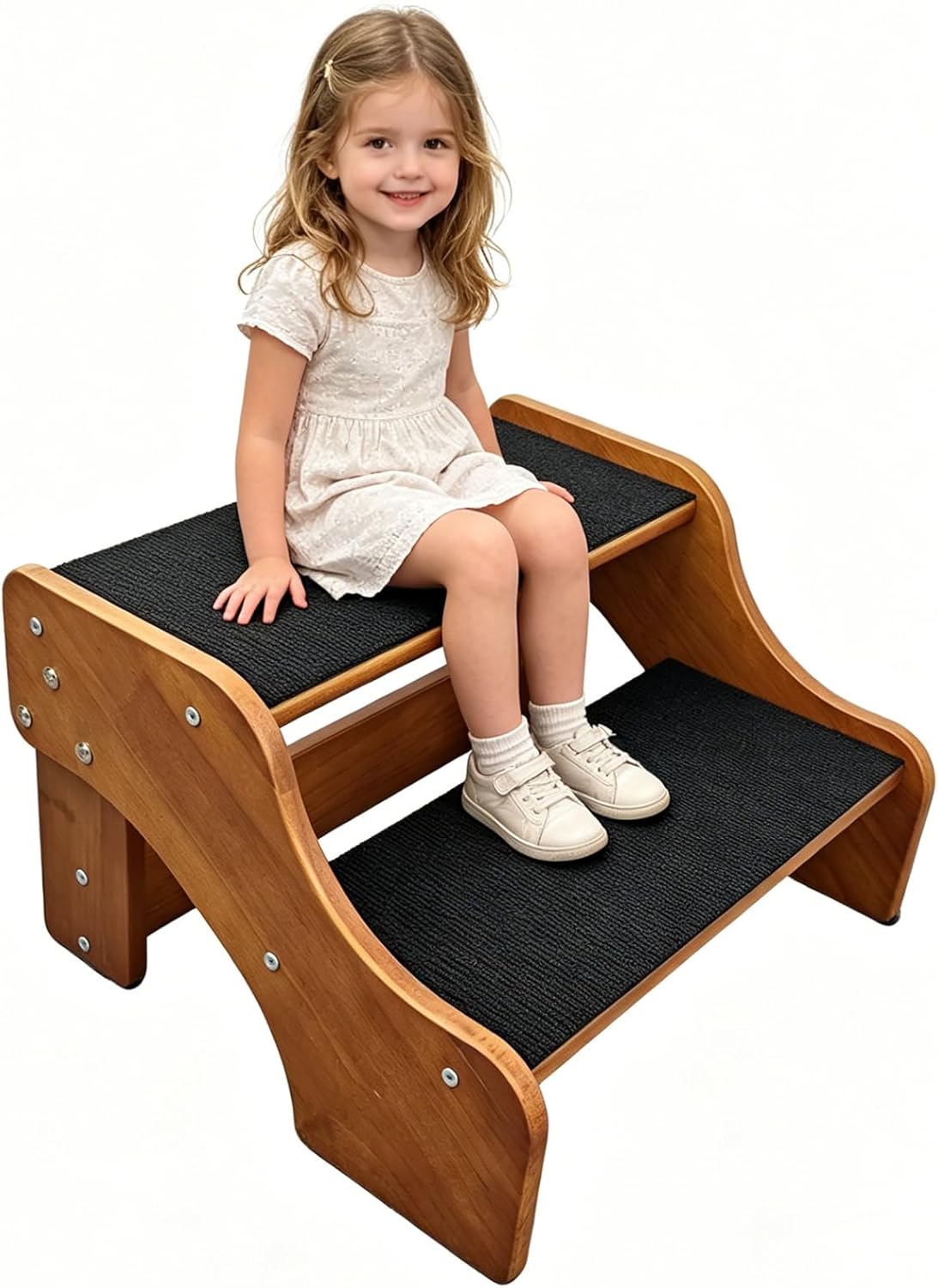 FleiSleep Solid Beech Wood Pet Stairs, Walnut Finish Non-Slip Dog Steps, 2/3/4/5 Steps Available for Sofa Bed RV