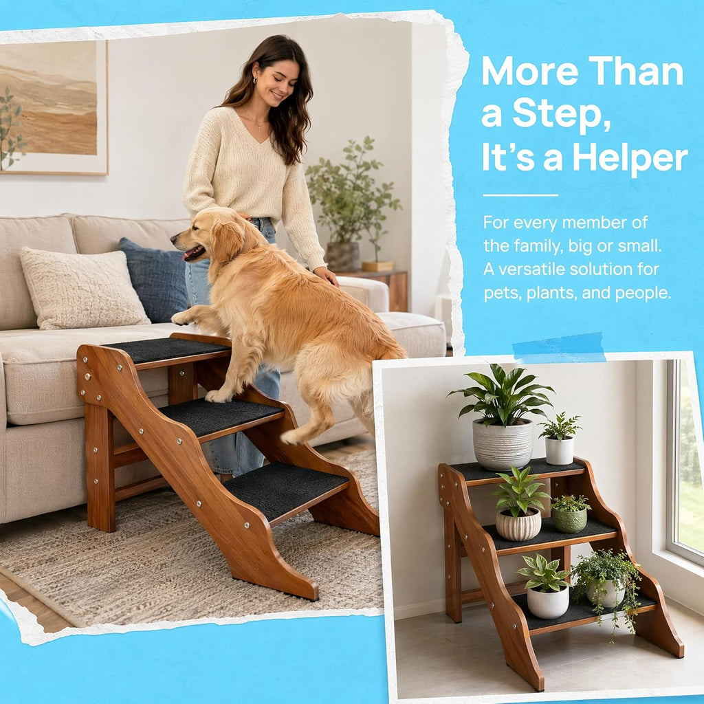FleiSleep Solid Beech Wood Pet Stairs, Walnut Finish Non-Slip Dog Steps, 2/3/4/5 Steps Available for Sofa Bed RV