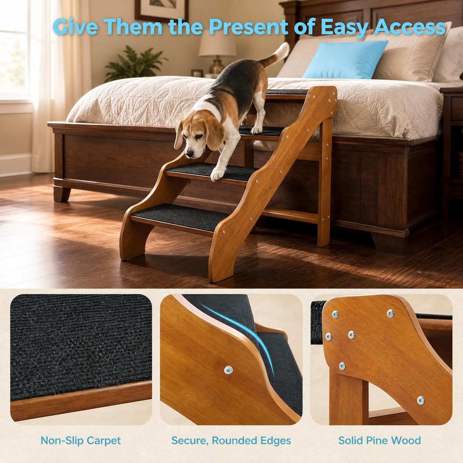 FleiSleep Solid Beech Wood Pet Stairs, Walnut Finish Non-Slip Dog Steps, 2/3/4/5 Steps Available for Sofa Bed RV