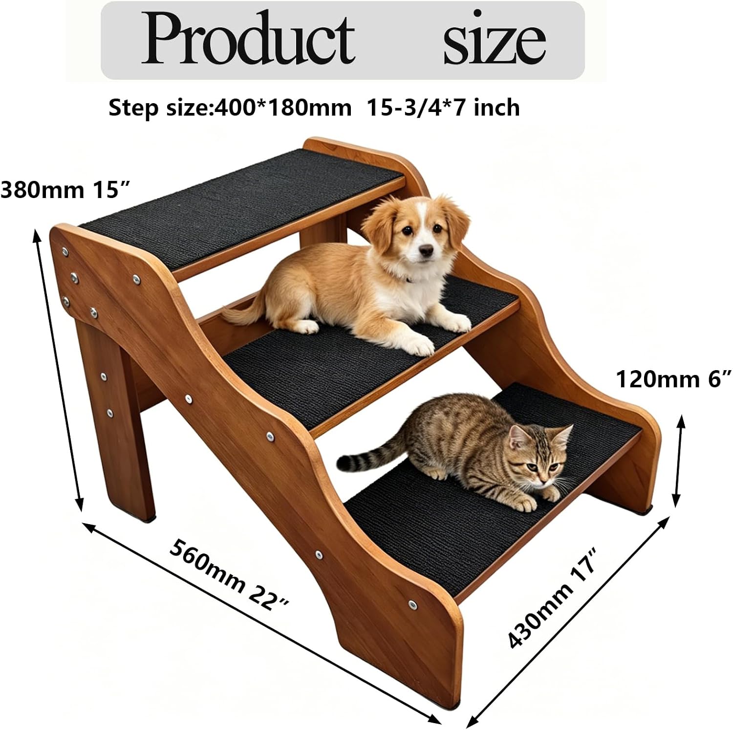 FleiSleep Solid Beech Wood Pet Stairs, Walnut Finish Non-Slip Dog Steps, 2/3/4/5 Steps Available for Sofa Bed RV