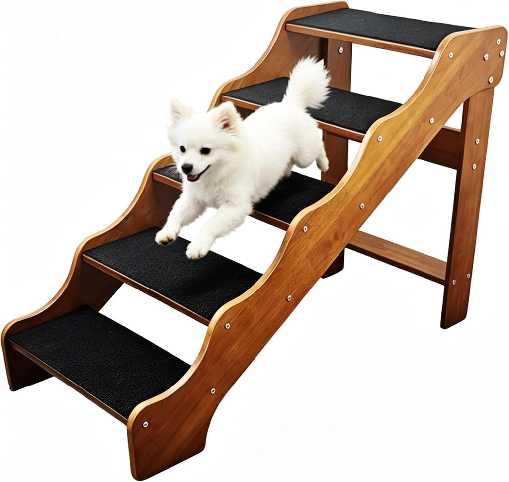 FleiSleep Solid Beech Wood Pet Stairs, Walnut Finish Non-Slip Dog Steps, 2/3/4/5 Steps Available for Sofa Bed RV