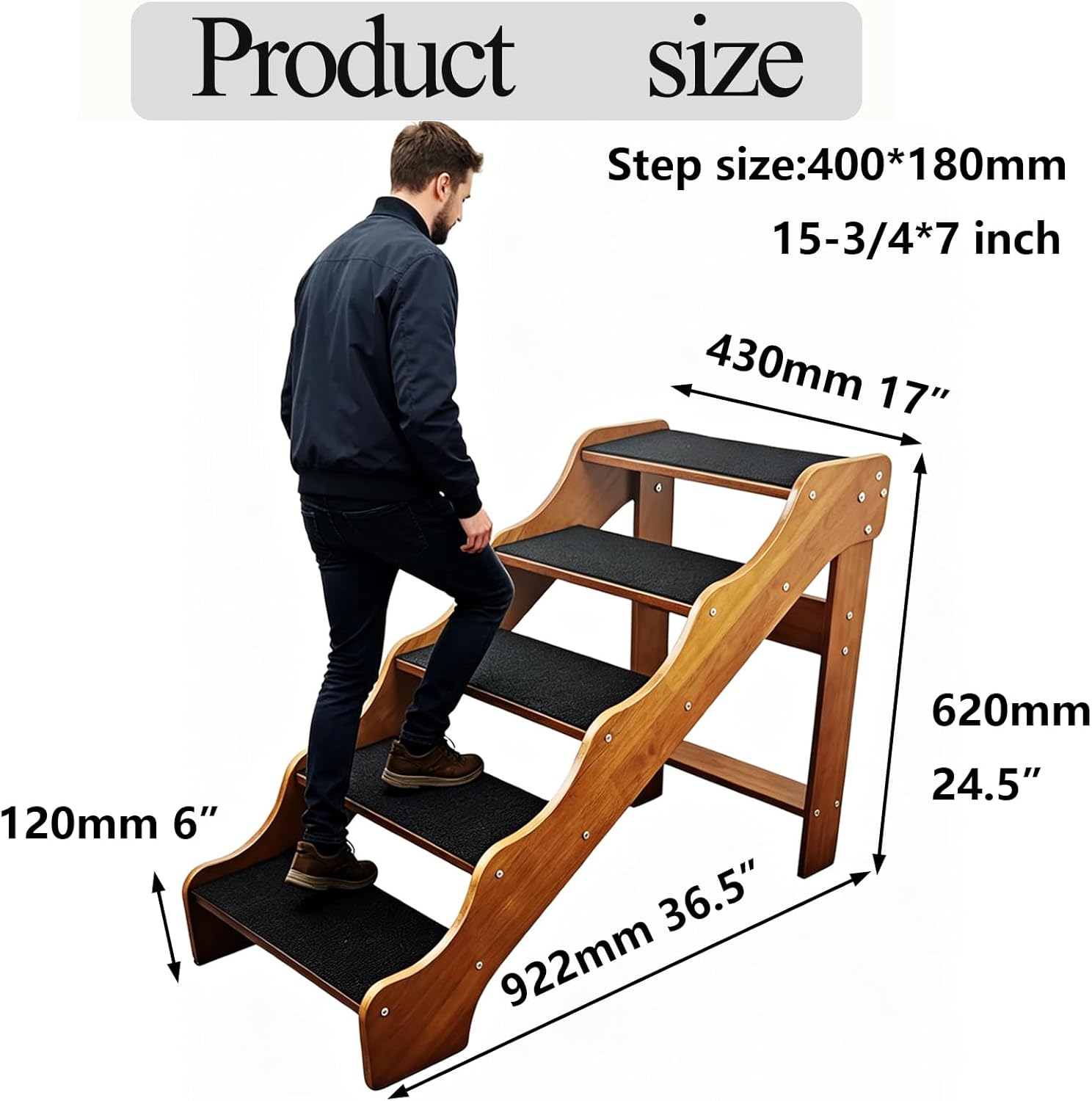 FleiSleep Solid Beech Wood Pet Stairs, Walnut Finish Non-Slip Dog Steps, 2/3/4/5 Steps Available for Sofa Bed RV