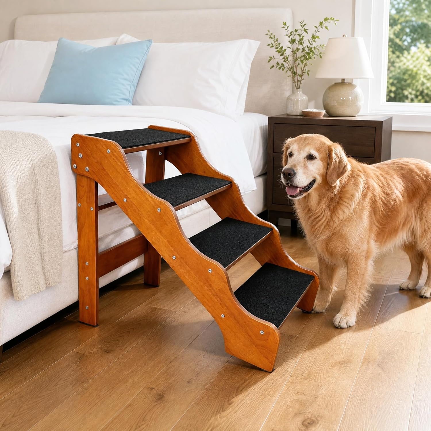 FleiSleep Solid Beech Wood Pet Stairs, Walnut Finish Non-Slip Dog Steps, 2/3/4/5 Steps Available for Sofa Bed RV