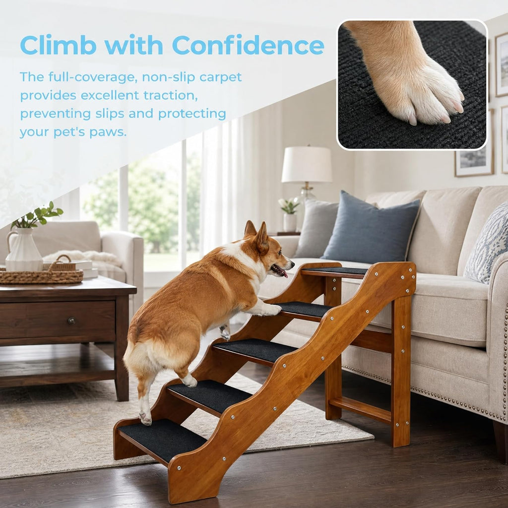 FleiSleep Solid Beech Wood Pet Stairs, Walnut Finish Non-Slip Dog Steps, 2/3/4/5 Steps Available for Sofa Bed RV