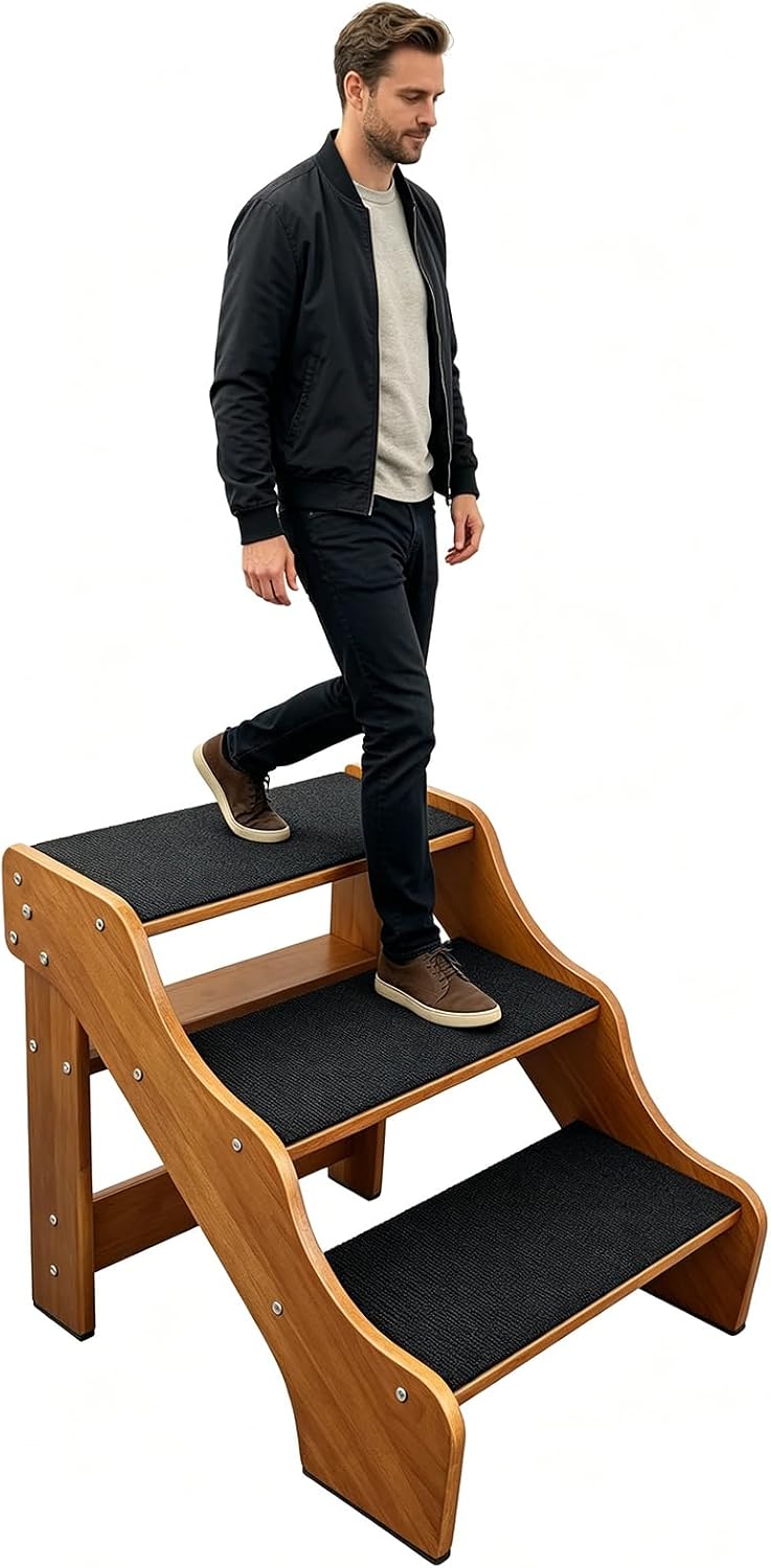 FleiSleep Solid Beech Wood Pet Stairs, Walnut Finish Non-Slip Dog Steps, 2/3/4/5 Steps Available for Sofa Bed RV