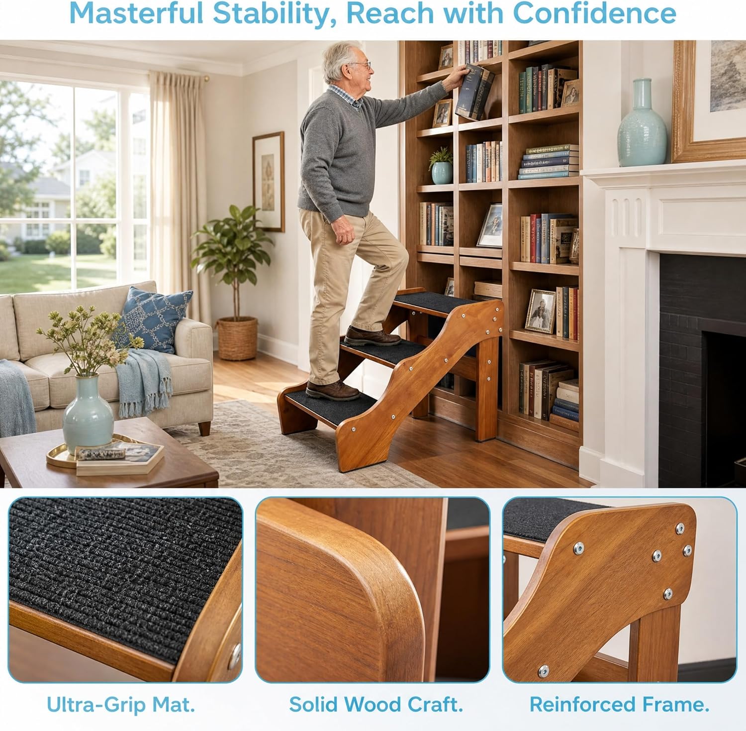 FleiSleep Solid Beech Wood Pet Stairs, Walnut Finish Non-Slip Dog Steps, 2/3/4/5 Steps Available for Sofa Bed RV