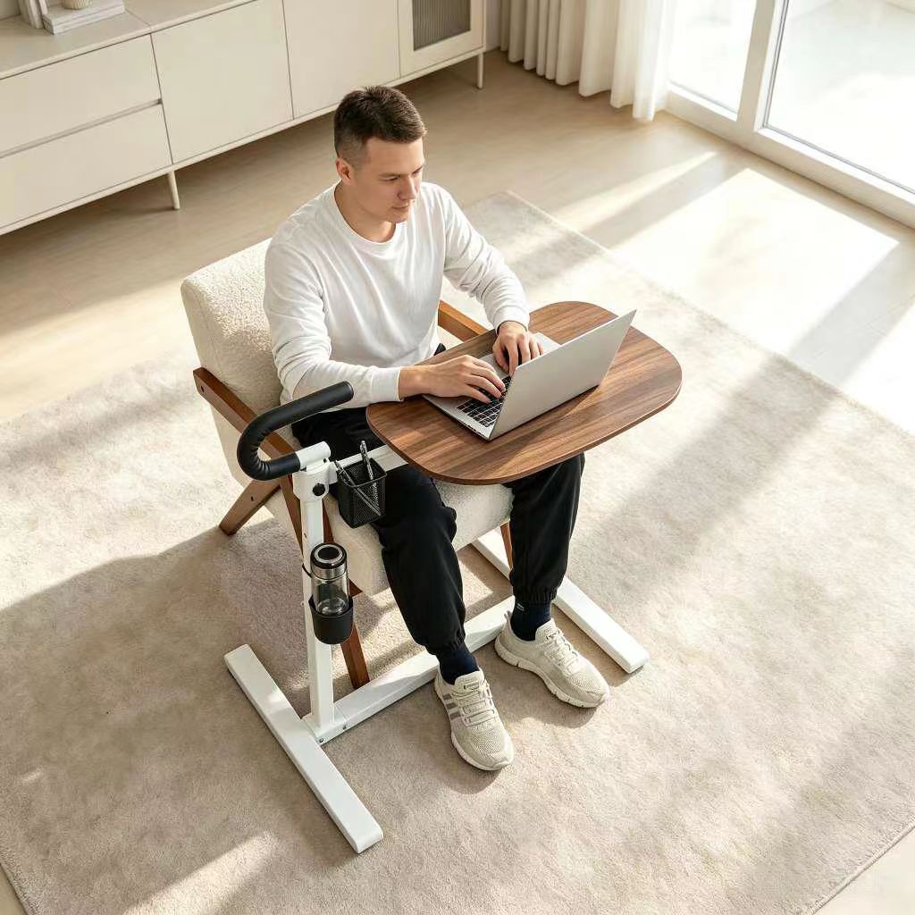 360° Rotating Height Adjustable Overbed Table with Safety Handle, Mobile Laptop Side Table with Cup Holder