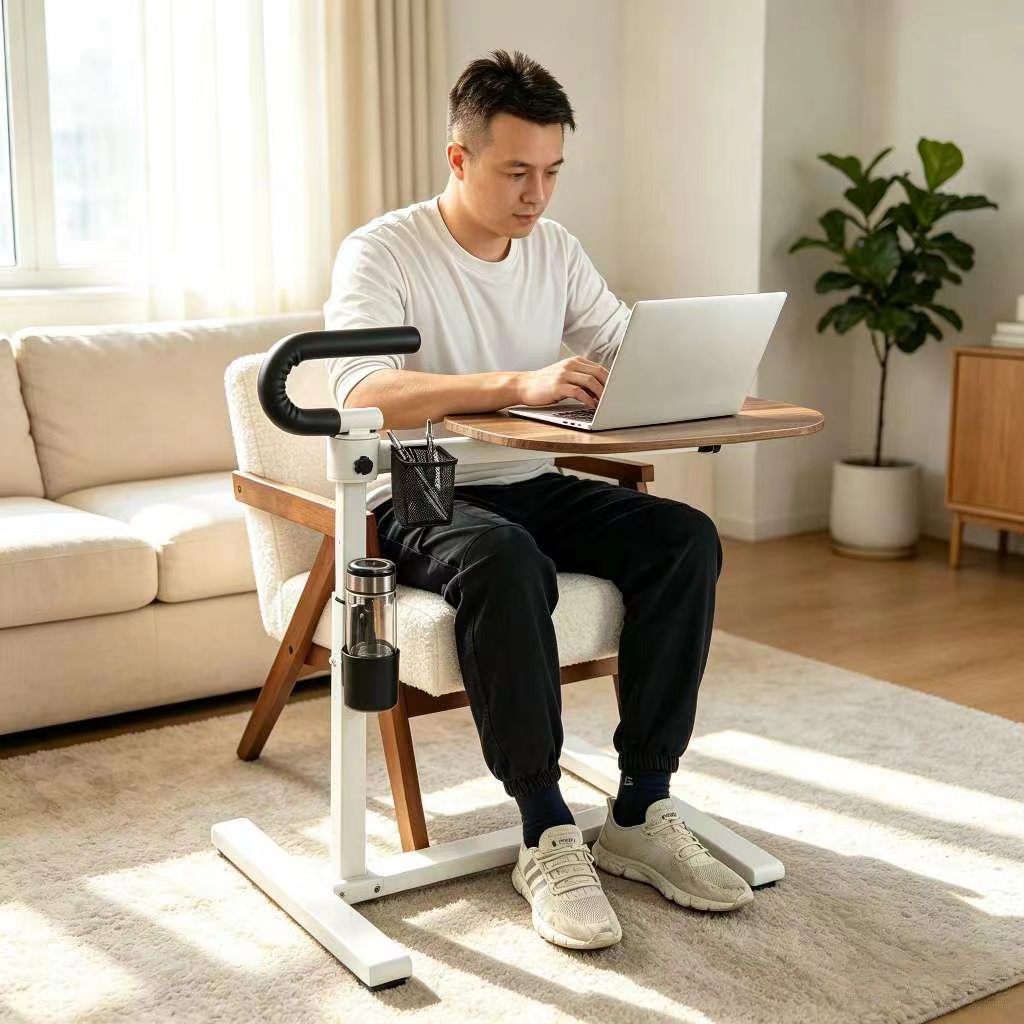 360° Rotating Height Adjustable Overbed Table with Safety Handle, Mobile Laptop Side Table with Cup Holder
