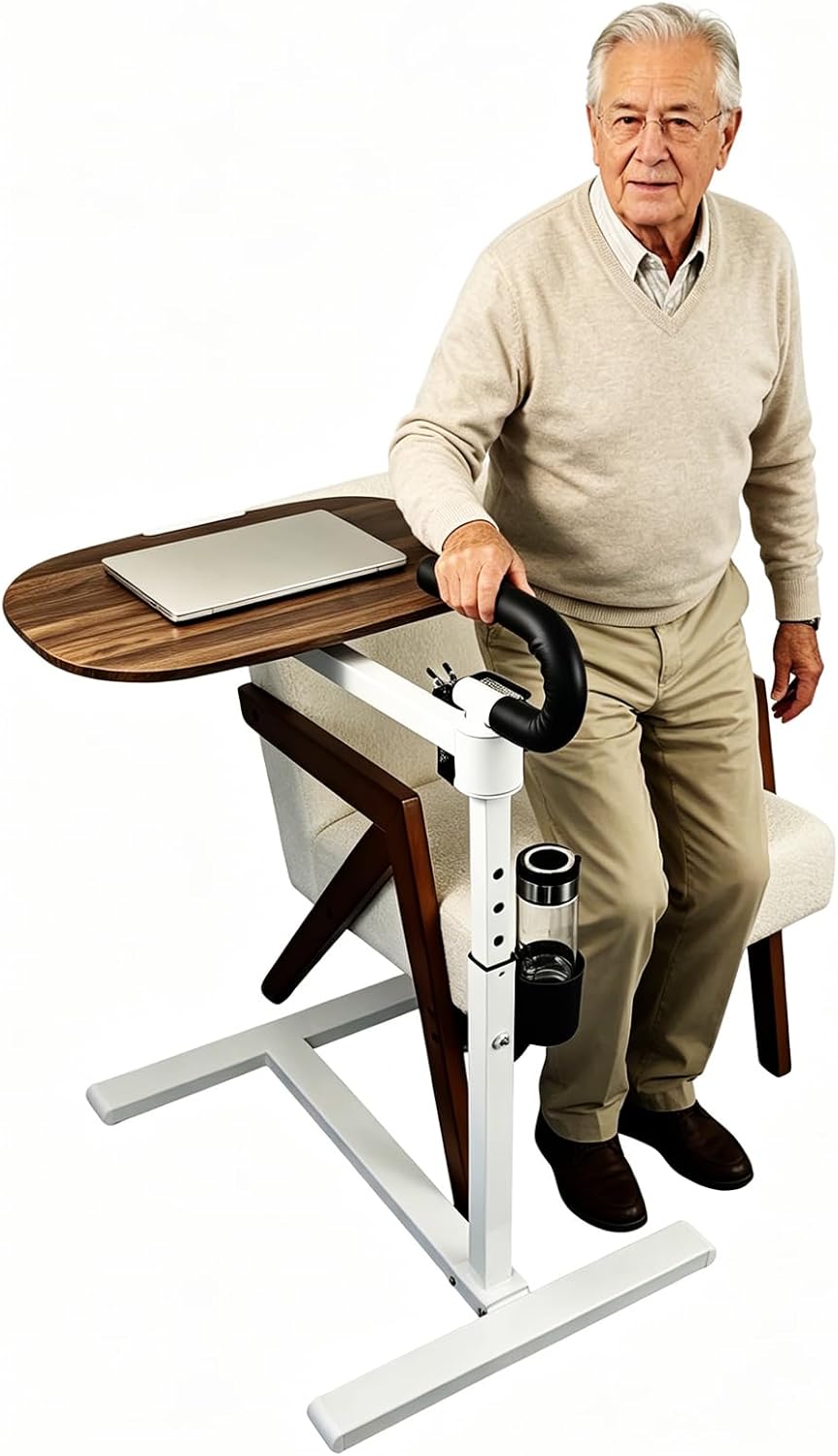 360° Rotating Height Adjustable Overbed Table with Safety Handle, Mobile Laptop Side Table with Cup Holder