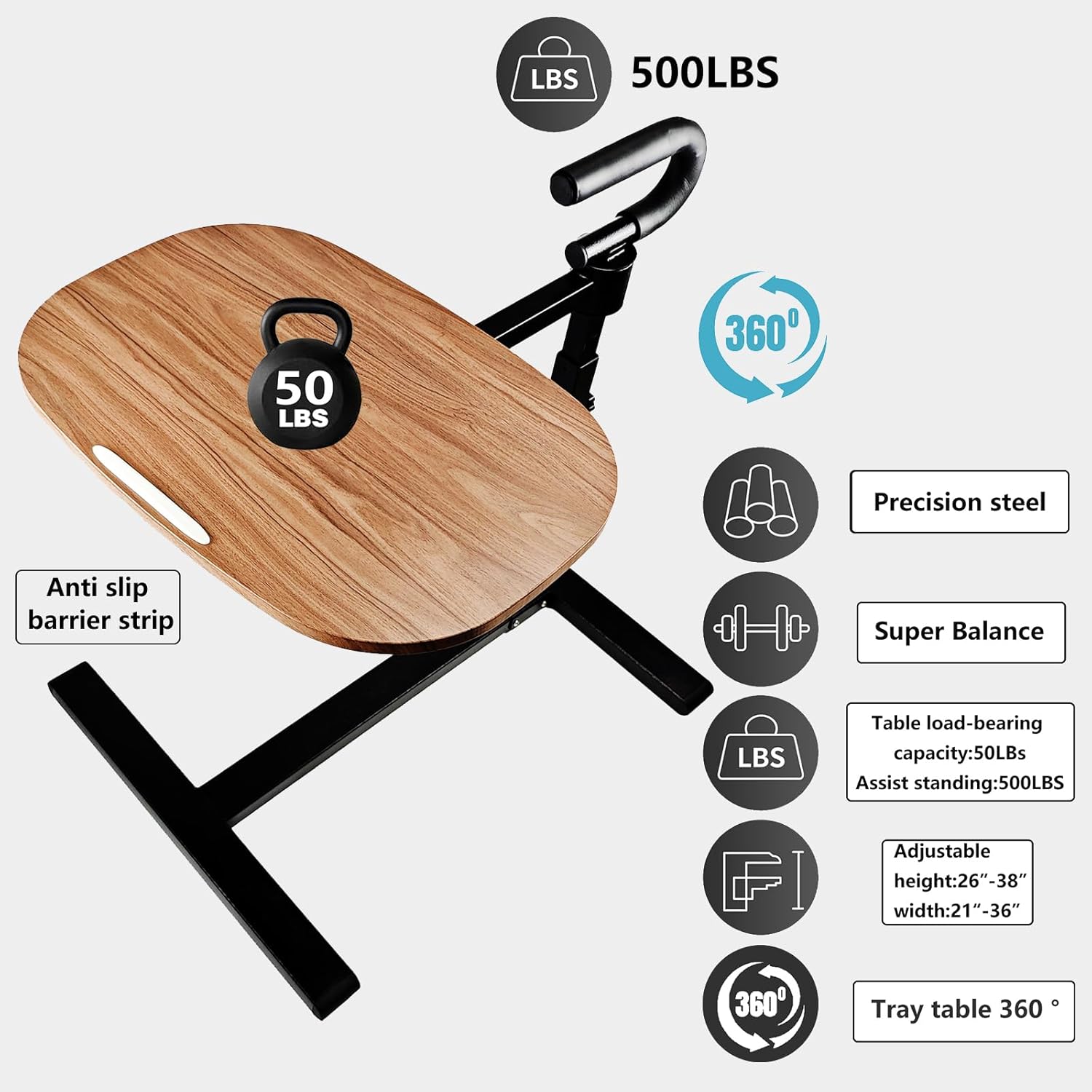 360° Rotating Height Adjustable Overbed Table with Safety Handle, Mobile Laptop Side Table with Cup Holder
