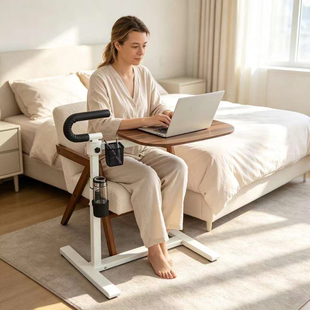 360° Rotating Height Adjustable Overbed Table with Safety Handle, Mobile Laptop Side Table with Cup Holder