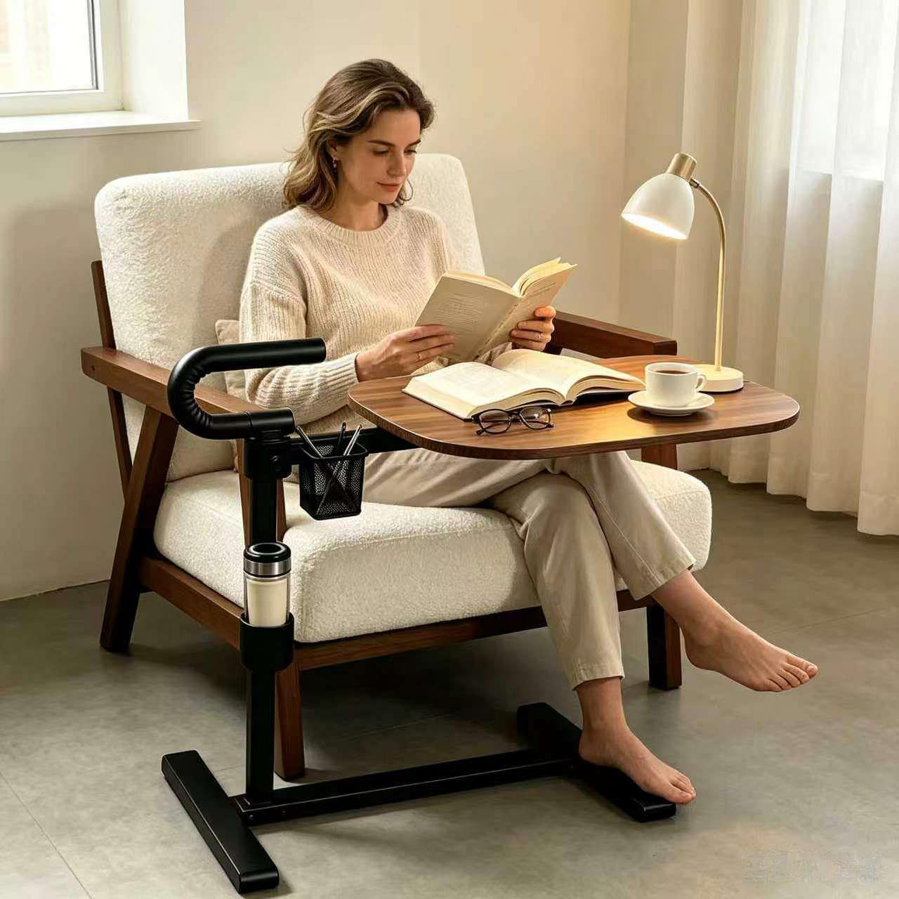 360° Rotating Height Adjustable Overbed Table with Safety Handle, Mobile Laptop Side Table with Cup Holder