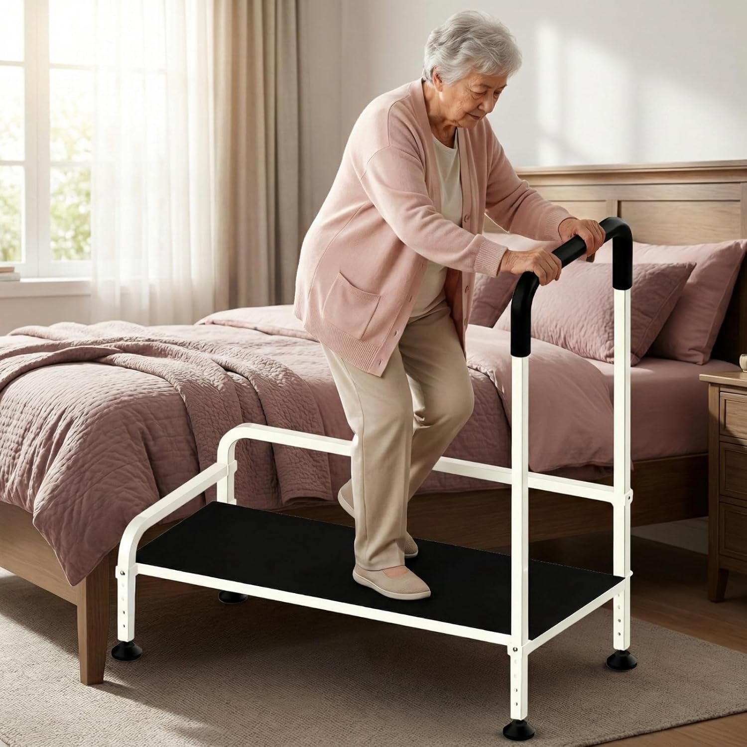 Seniors Assist Step Stool with Support Handrail, Non-Slip Platform, Height Adjustable, Multi-Purpose Household Mobility Foot Stool