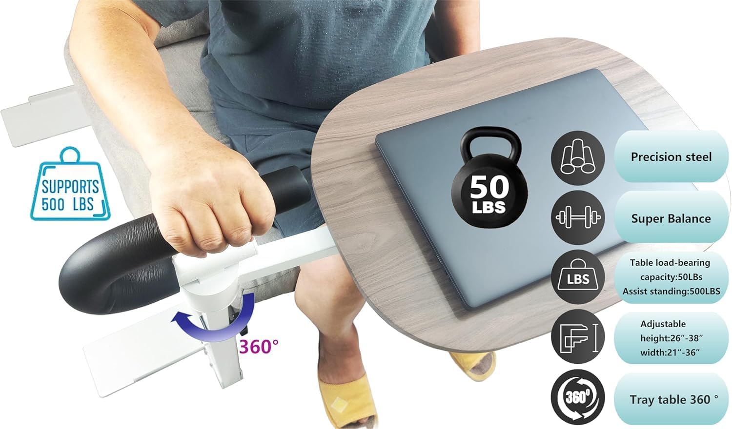 Auxiliary tray 360 ° rotating height adjustable rotating TV, computer desk, car five function auxiliary safety handle