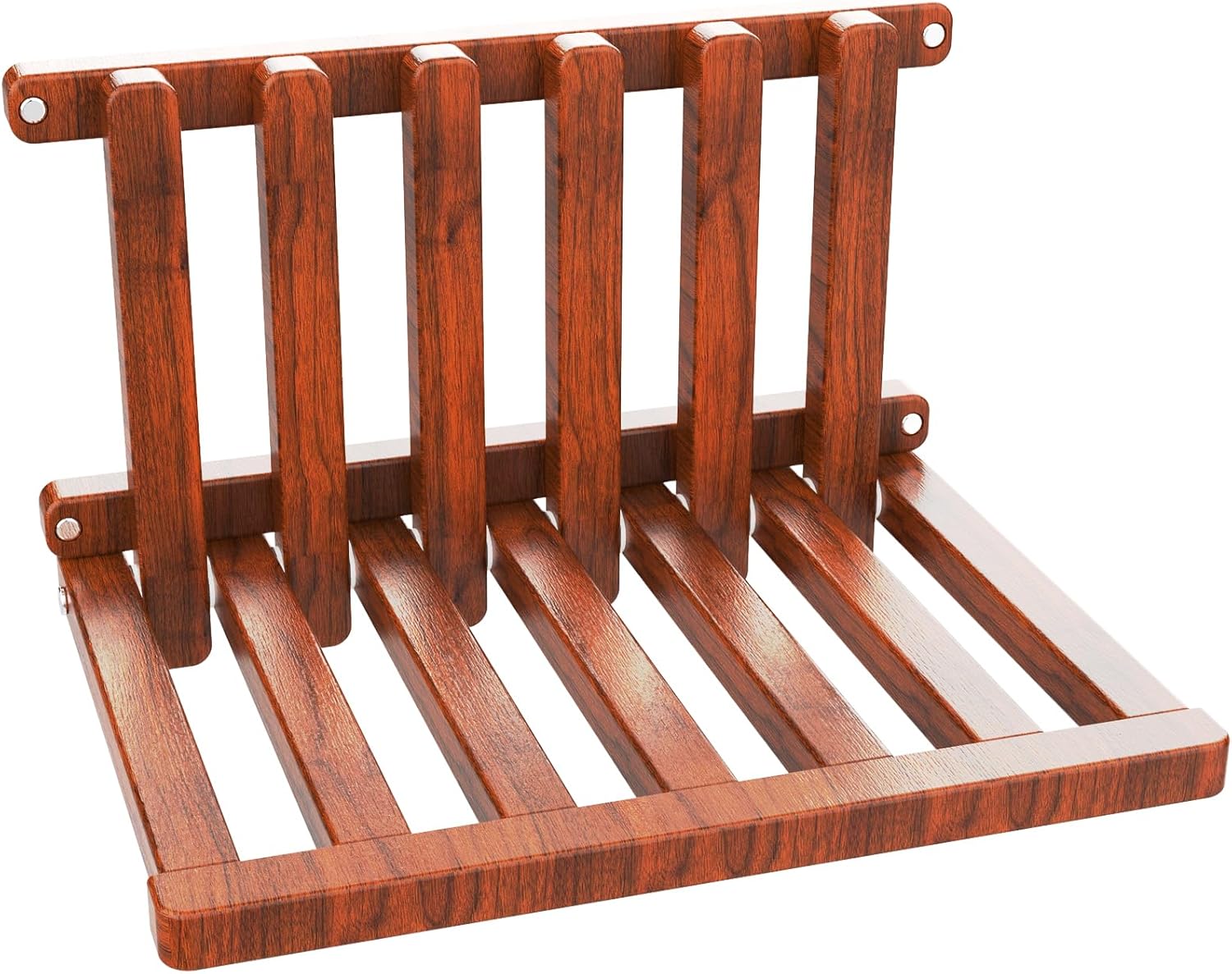 The folding stool is made of beech wood and can withstand 400 pounds. The surface is coated with Walnut paint and polished. Used for changing shoes, showering, folding bedside table