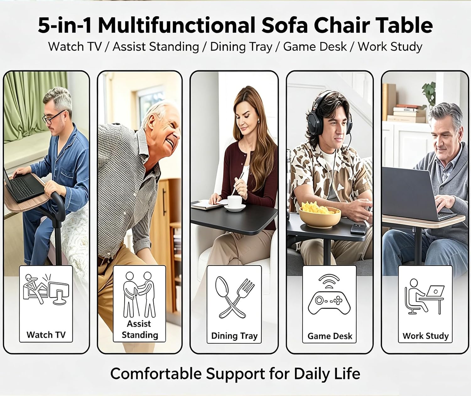 Adjustable Swivel Tray Table for Recliner, 360° Rotating TV Tray Table with Support Handle, Built-in Cup Holder & Metal Pen Holder, Height Adjustable Overbed Side Table for Seniors, Sofa, Bed, Eating, Working