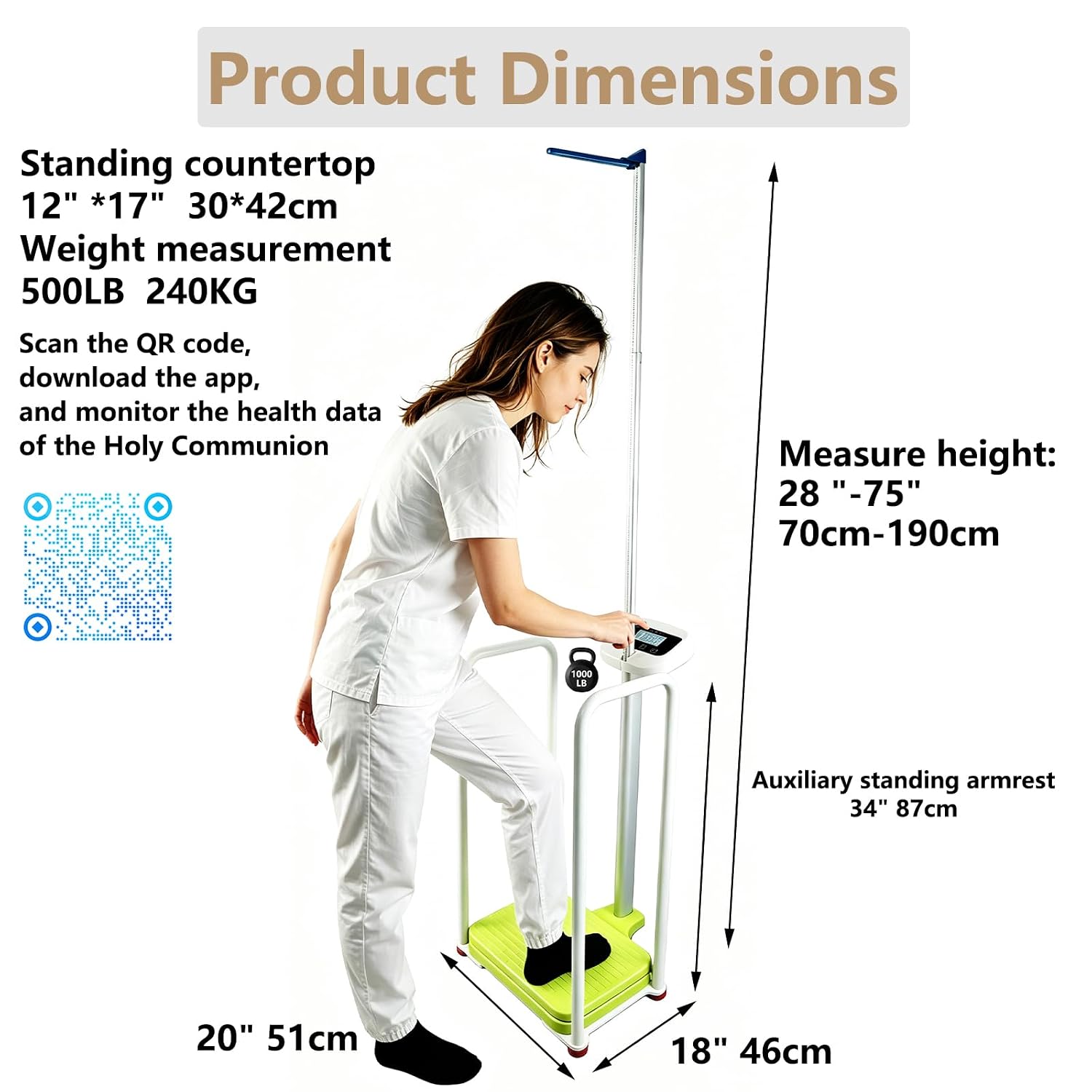 Armrest Electronic Height and Weight Scale with Height Rod, 420 LB Capacity, Digital Body Measuring Scale for Home Clinic