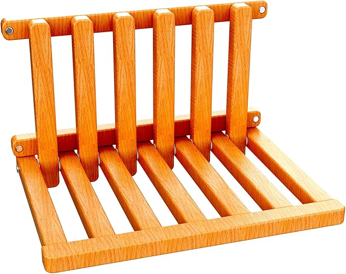 The folding stool is made of beech wood and can withstand 400 pounds. The surface is coated with Walnut paint and polished. Used for changing shoes, showering, folding bedside table