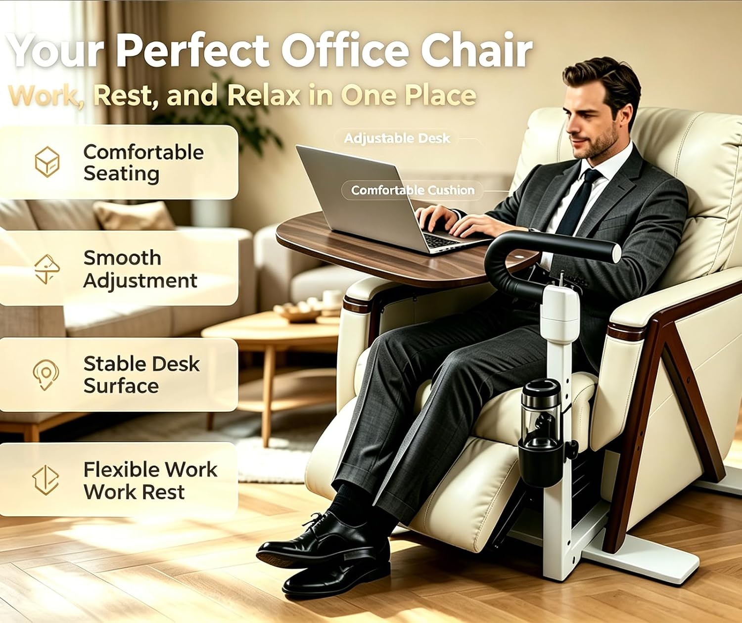 Adjustable Swivel Tray Table for Recliner, 360° Rotating TV Tray Table with Support Handle, Built-in Cup Holder & Metal Pen Holder, Height Adjustable Overbed Side Table for Seniors, Sofa, Bed, Eating, Working