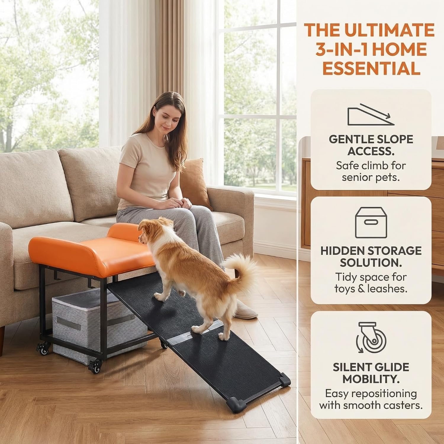 FleiSleep Anti-Slip Pet Stairs with Storage Drawers, Retractable Dog Ramp Seat for Bed & Sofa