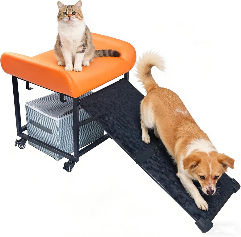 FleiSleep Anti-Slip Pet Stairs with Storage Drawers, Retractable Dog Ramp Seat for Bed & Sofa