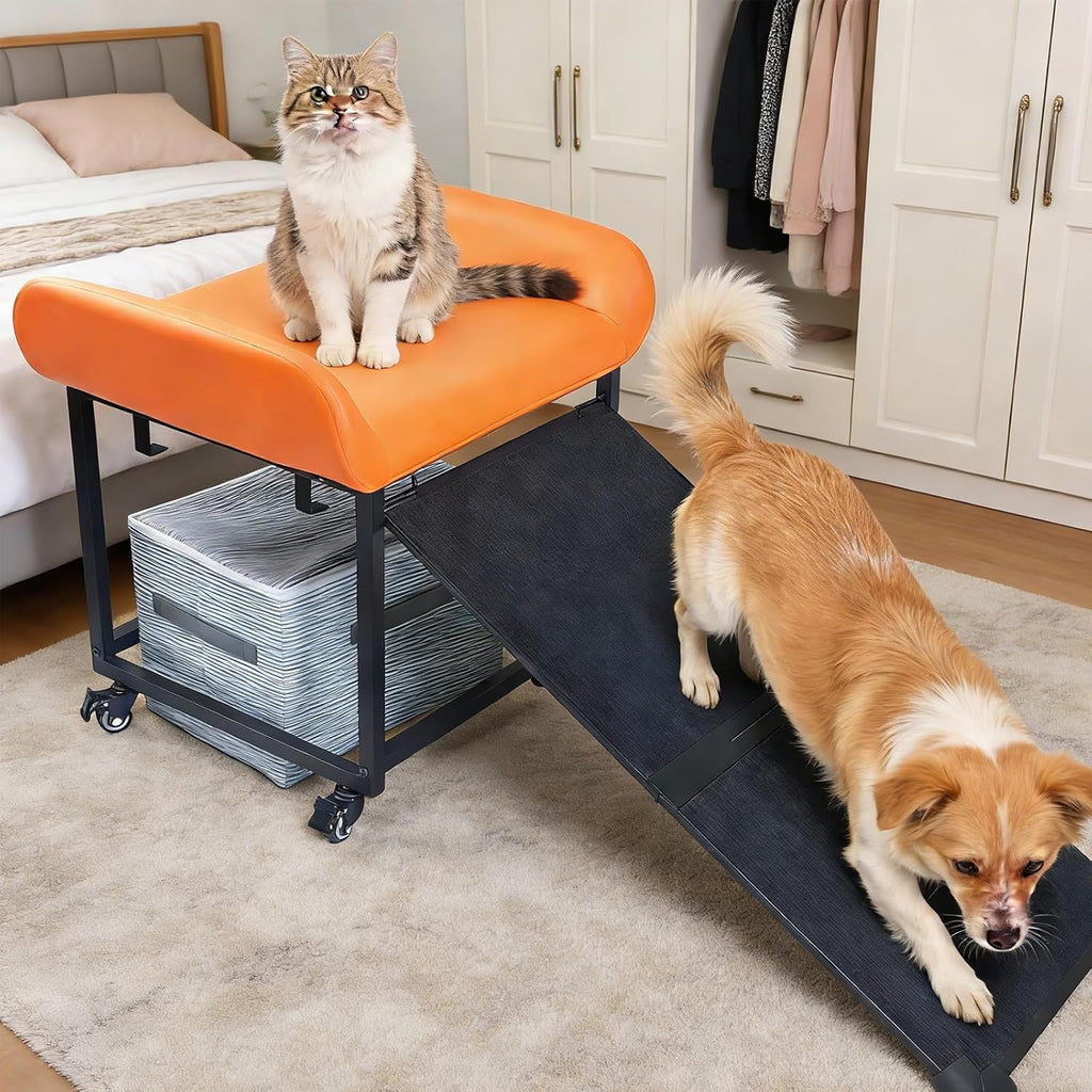 FleiSleep Anti-Slip Pet Stairs with Storage Drawers, Retractable Dog Ramp Seat for Bed & Sofa