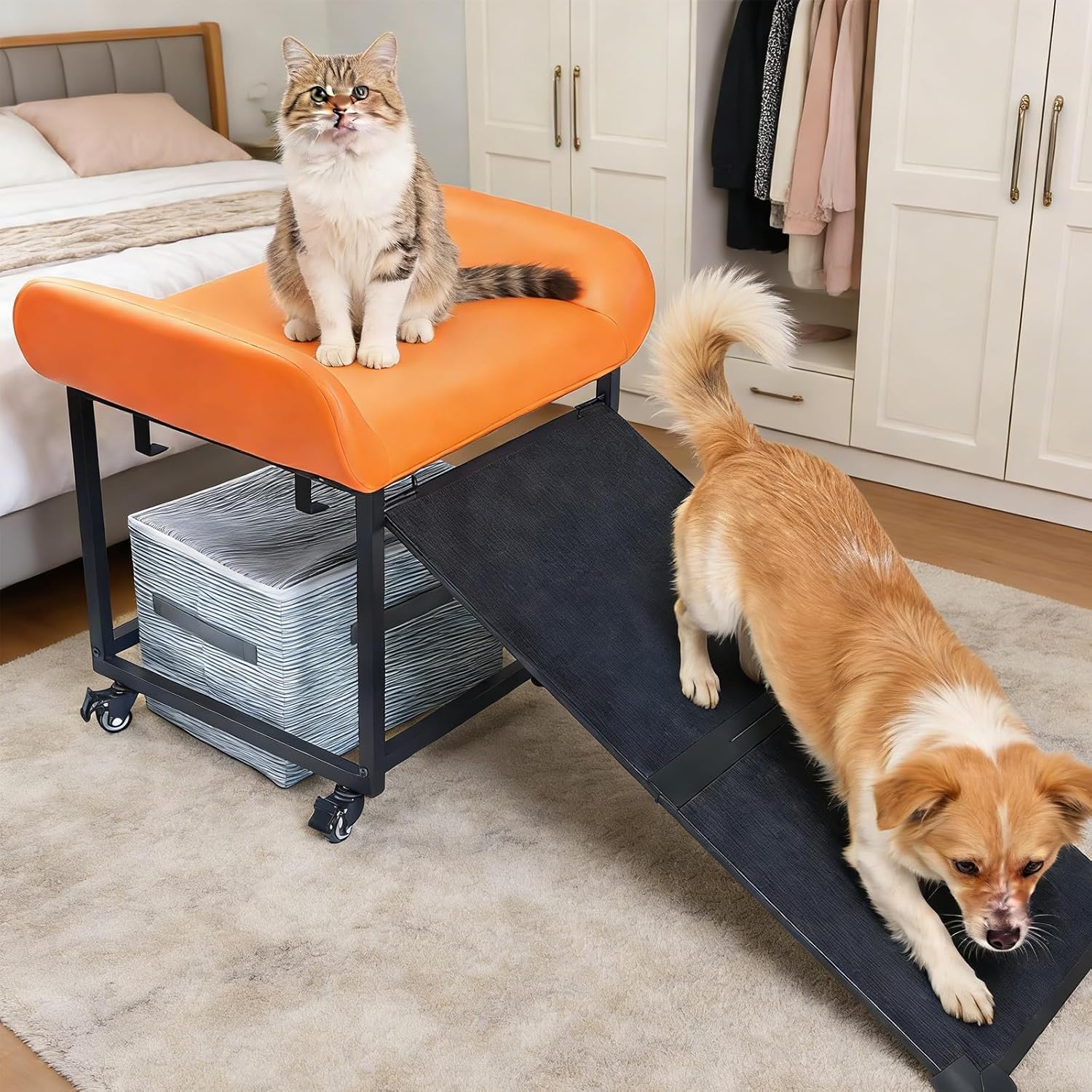 FleiSleep Anti-Slip Pet Stairs with Storage Drawers, Retractable Dog Ramp Seat for Bed & Sofa