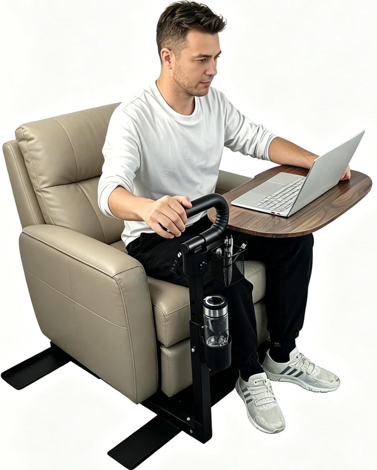 Adjustable Swivel Tray Table for Recliner, 360° Rotating TV Tray Table with Support Handle, Built-in Cup Holder & Metal Pen Holder, Height Adjustable Overbed Side Table for Seniors, Sofa, Bed, Eating, Working