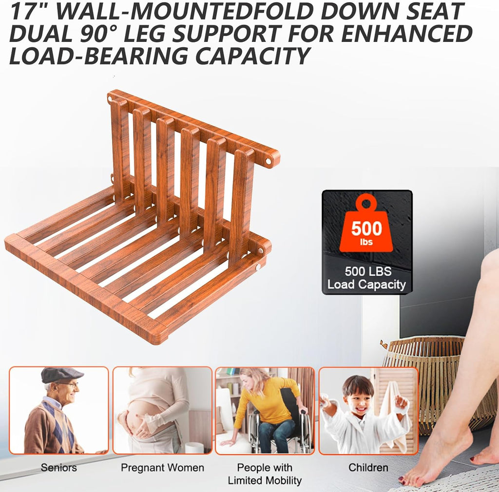 The folding stool is made of beech wood and can withstand 400 pounds. The surface is coated with Walnut paint and polished. Used for changing shoes, showering, folding bedside table