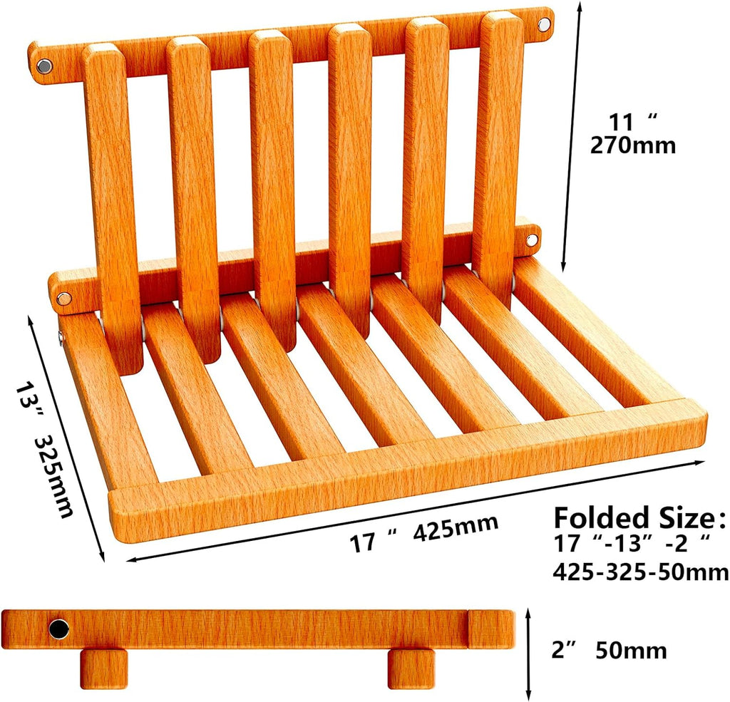 The folding stool is made of beech wood and can withstand 400 pounds. The surface is coated with Walnut paint and polished. Used for changing shoes, showering, folding bedside table