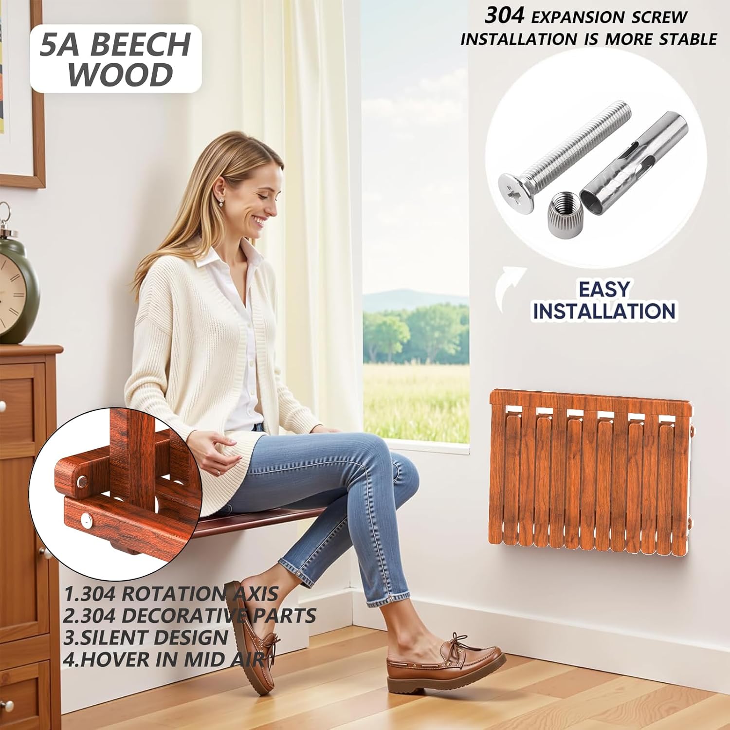 The folding stool is made of beech wood and can withstand 400 pounds. The surface is coated with Walnut paint and polished. Used for changing shoes, showering, folding bedside table