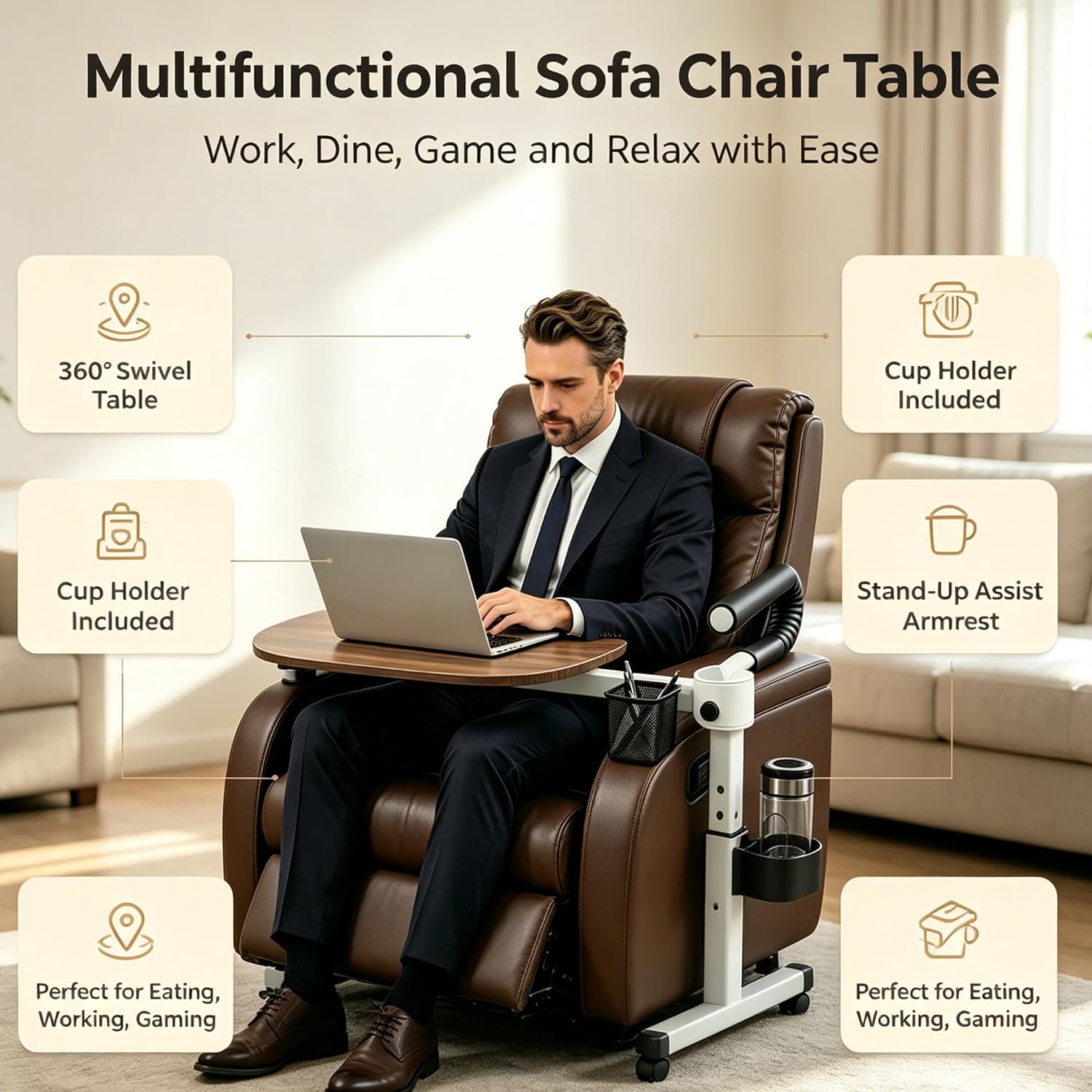 Auxiliary tray 360 ° rotating height adjustable rotating TV, computer desk, car five function auxiliary safety handle