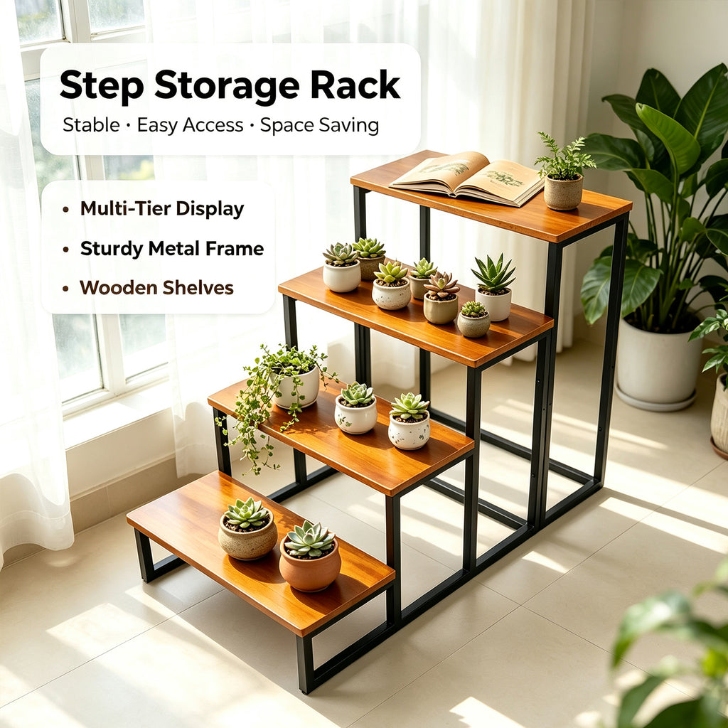 Solid Wood Step Display Rack, Industrial Metal Frame Ladder Shelf, 23 x 10 Inch Wooden Tiered Stand for Retail Vendor, Market, Countertop Plant & Merchandise Display