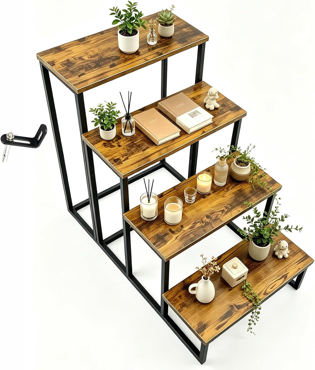 FleiSleep MDF Step Stool & Display Rack, Industrial Metal Frame Ladder Shelf, 23 x 10 Inch Tiered Stand for Retail Vendor, Market, Countertop Plant & Merchandise Display