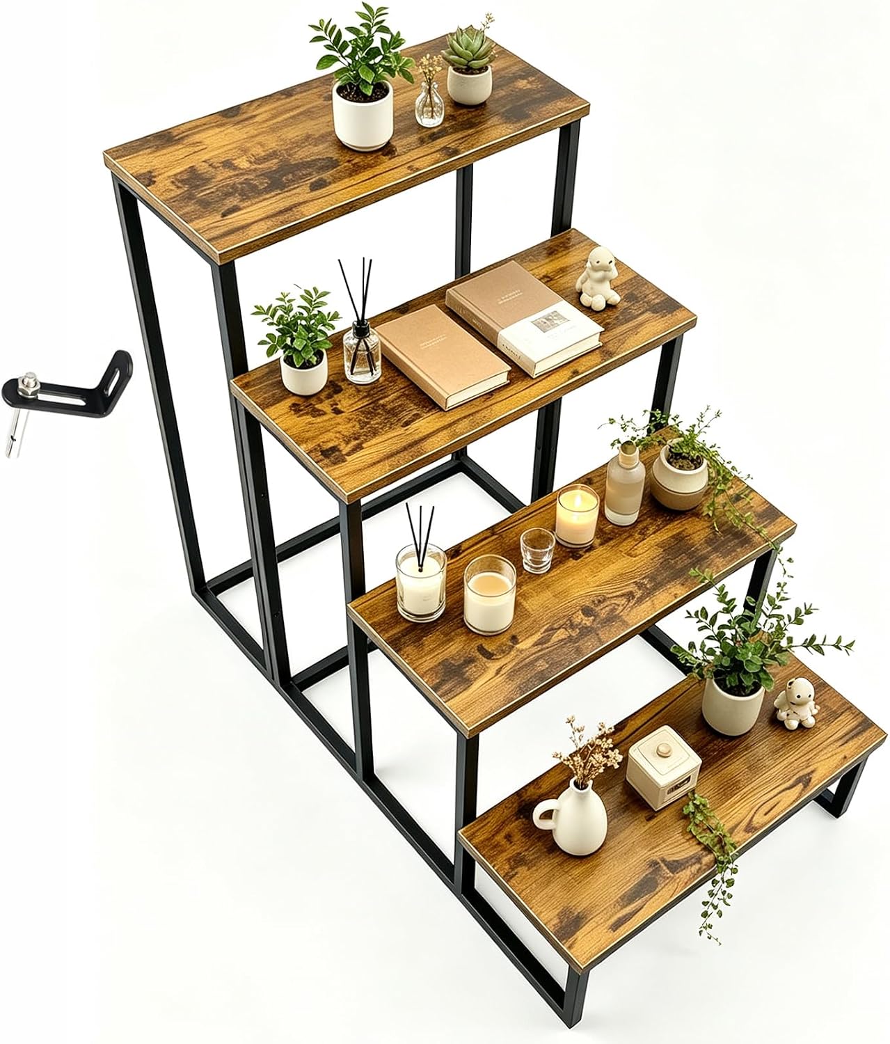FleiSleep MDF Step Stool & Display Rack, Industrial Metal Frame Ladder Shelf, 23 x 10 Inch Tiered Stand for Retail Vendor, Market, Countertop Plant & Merchandise Display