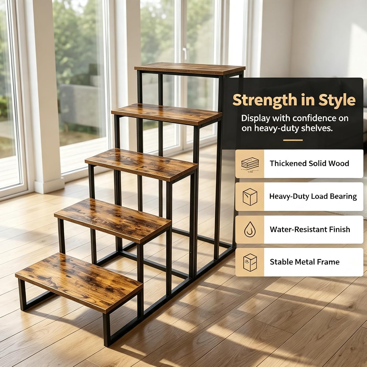 FleiSleep MDF Step Stool & Display Rack, Industrial Metal Frame Ladder Shelf, 23 x 10 Inch Tiered Stand for Retail Vendor, Market, Countertop Plant & Merchandise Display