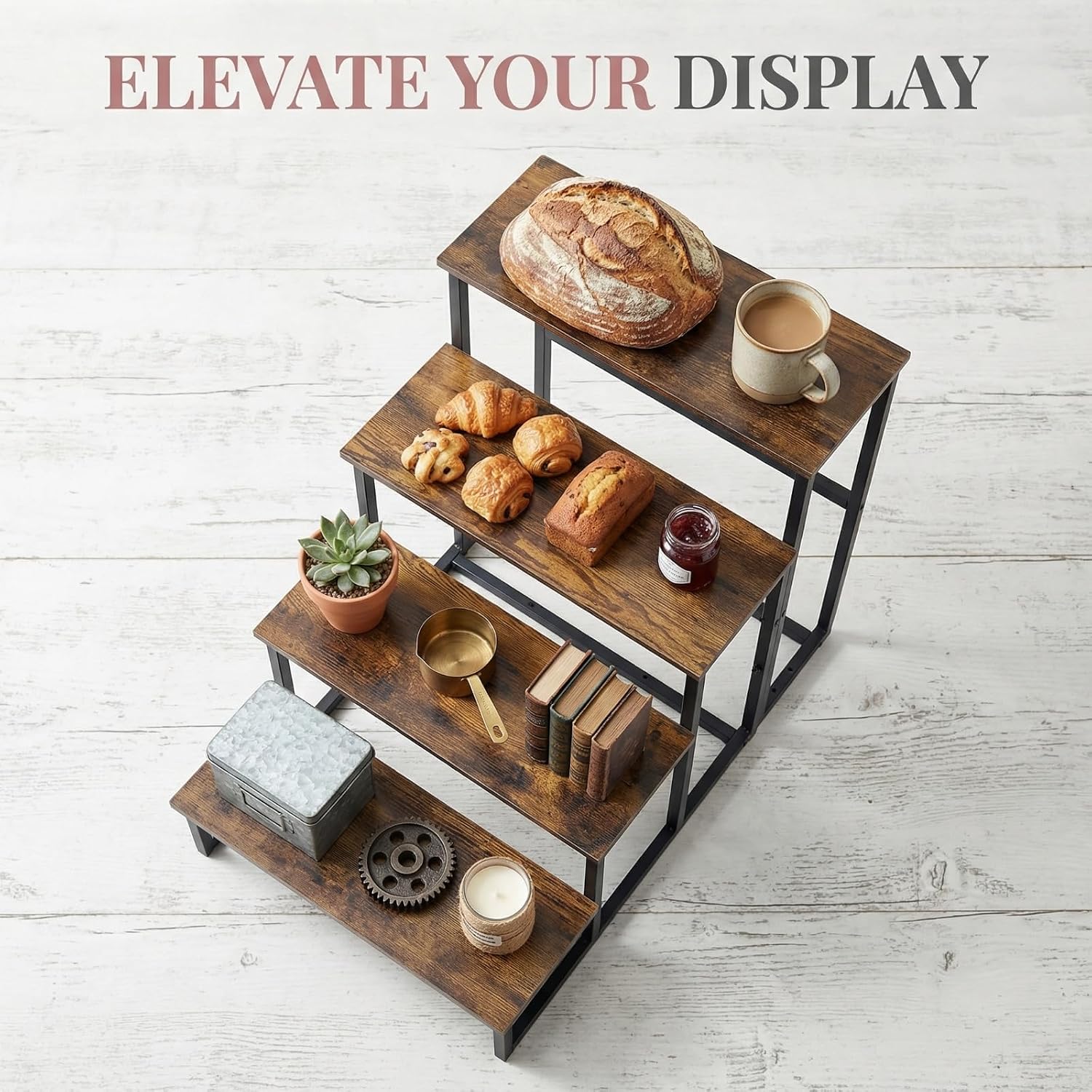 FleiSleep MDF Step Stool & Display Rack, Industrial Metal Frame Ladder Shelf, 23 x 10 Inch Tiered Stand for Retail Vendor, Market, Countertop Plant & Merchandise Display