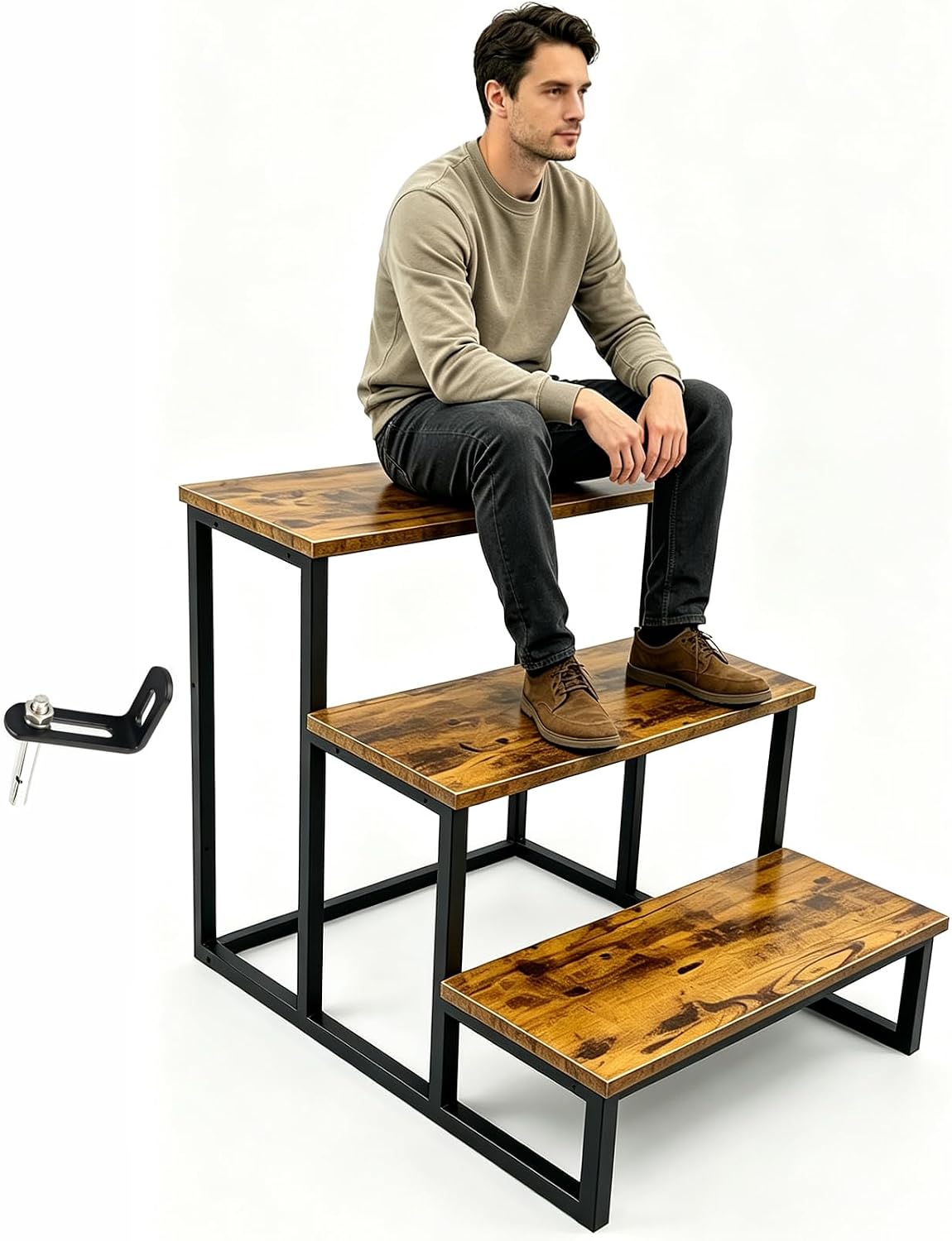 FleiSleep MDF Step Stool & Display Rack, Industrial Metal Frame Ladder Shelf, 23 x 10 Inch Tiered Stand for Retail Vendor, Market, Countertop Plant & Merchandise Display
