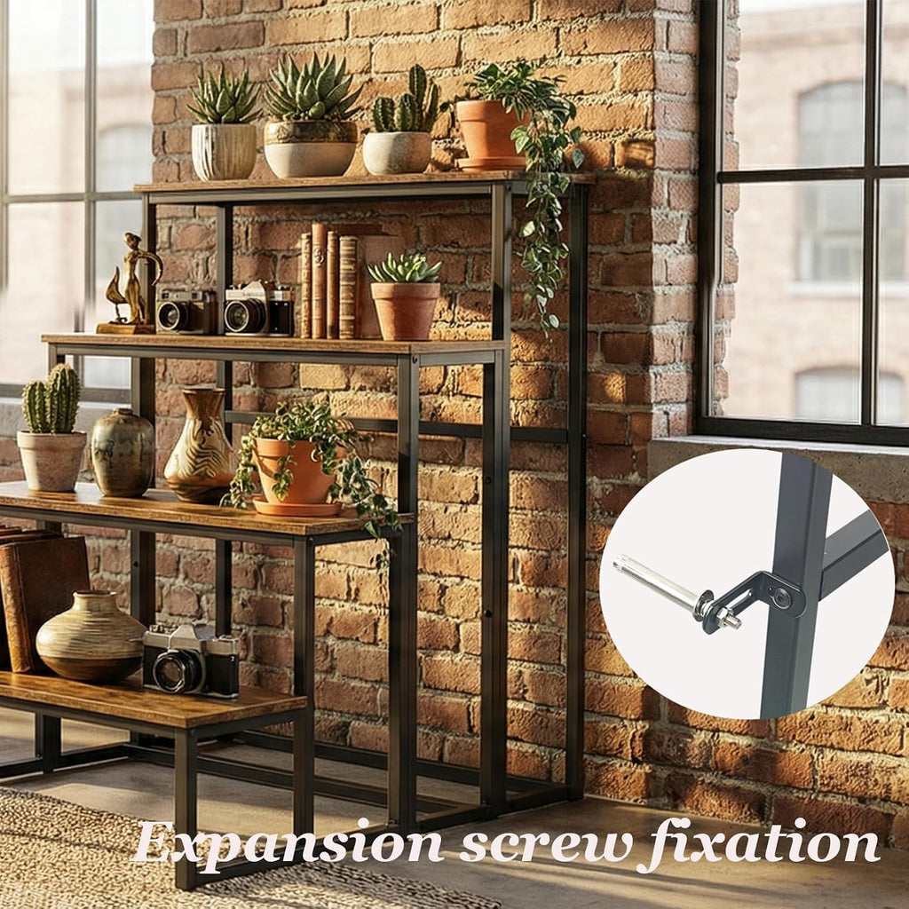 FleiSleep MDF Step Stool & Display Rack, Industrial Metal Frame Ladder Shelf, 23 x 10 Inch Tiered Stand for Retail Vendor, Market, Countertop Plant & Merchandise Display