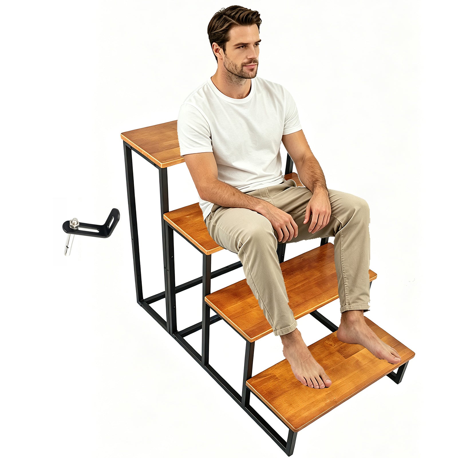 Solid Wood Step Display Rack, Industrial Metal Frame Ladder Shelf, 23 x 10 Inch Wooden Tiered Stand for Retail Vendor, Market, Countertop Plant & Merchandise Display