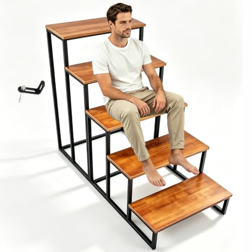 Solid Wood Step Display Rack, Industrial Metal Frame Ladder Shelf, 23 x 10 Inch Wooden Tiered Stand for Retail Vendor, Market, Countertop Plant & Merchandise Display