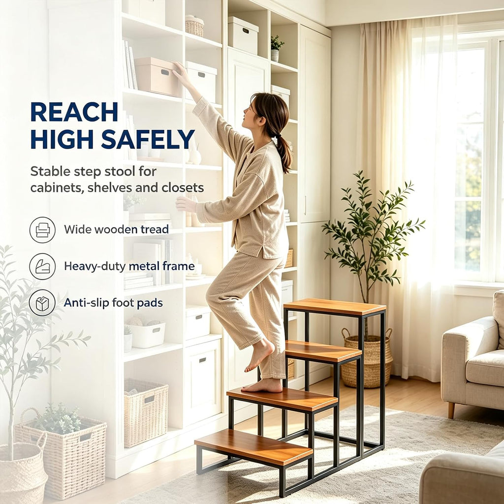 Solid Wood Step Display Rack, Industrial Metal Frame Ladder Shelf, 23 x 10 Inch Wooden Tiered Stand for Retail Vendor, Market, Countertop Plant & Merchandise Display