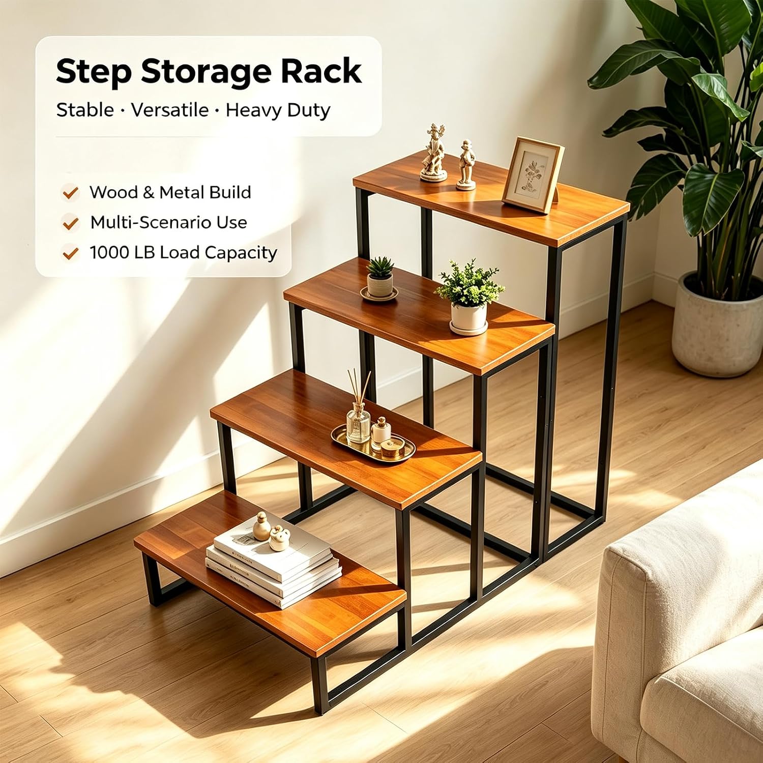 Solid Wood Step Display Rack, Industrial Metal Frame Ladder Shelf, 23 x 10 Inch Wooden Tiered Stand for Retail Vendor, Market, Countertop Plant & Merchandise Display