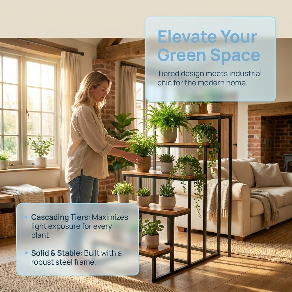 Solid Wood Step Display Rack, Industrial Metal Frame Ladder Shelf, 23 x 10 Inch Wooden Tiered Stand for Retail Vendor, Market, Countertop Plant & Merchandise Display