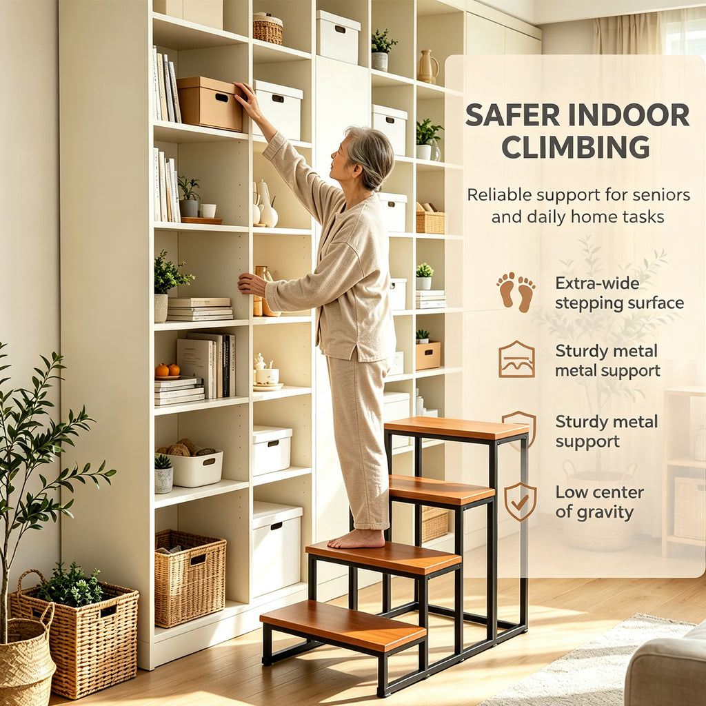 Solid Wood Step Display Rack, Industrial Metal Frame Ladder Shelf, 23 x 10 Inch Wooden Tiered Stand for Retail Vendor, Market, Countertop Plant & Merchandise Display