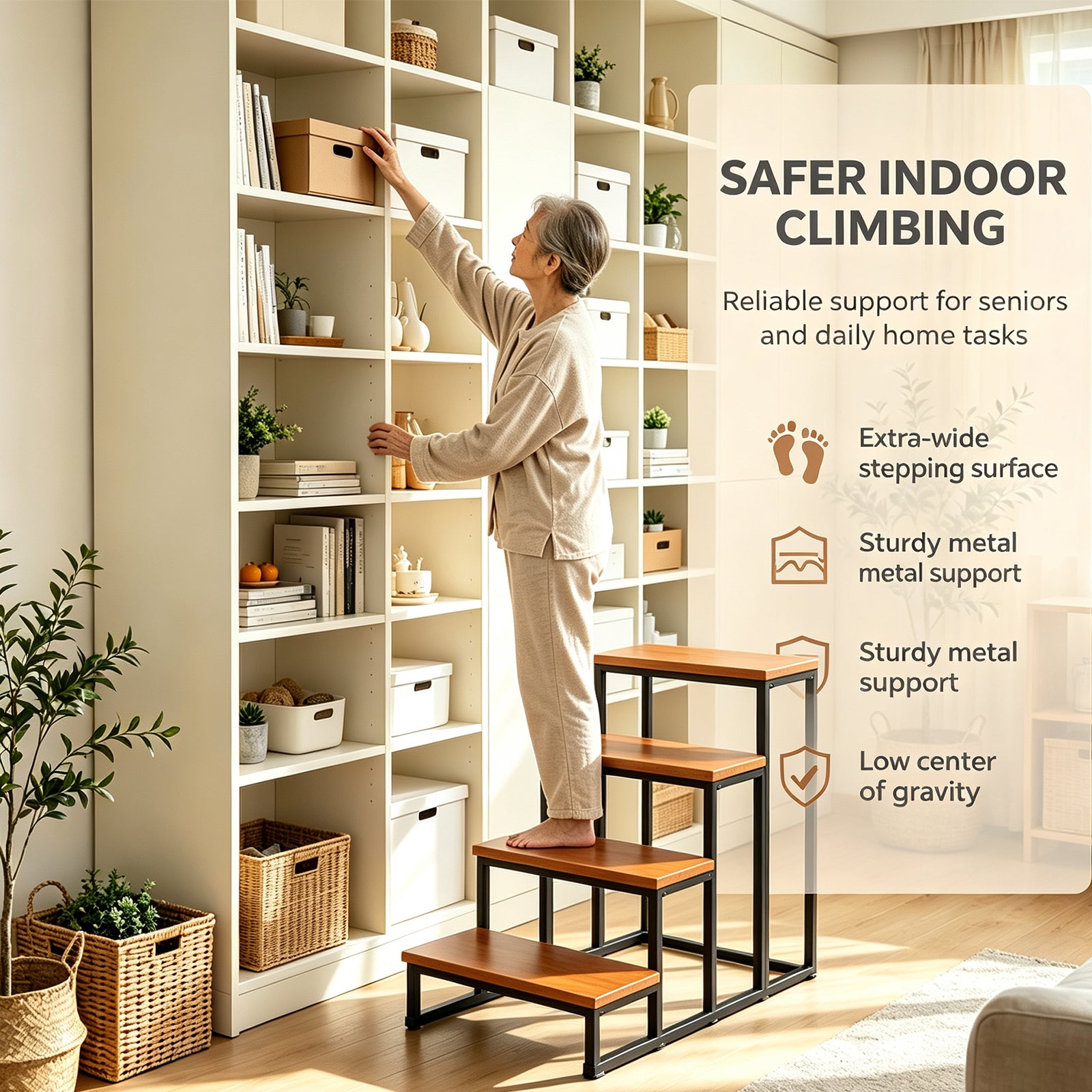 Solid Wood Step Display Rack, Industrial Metal Frame Ladder Shelf, 23 x 10 Inch Wooden Tiered Stand for Retail Vendor, Market, Countertop Plant & Merchandise Display