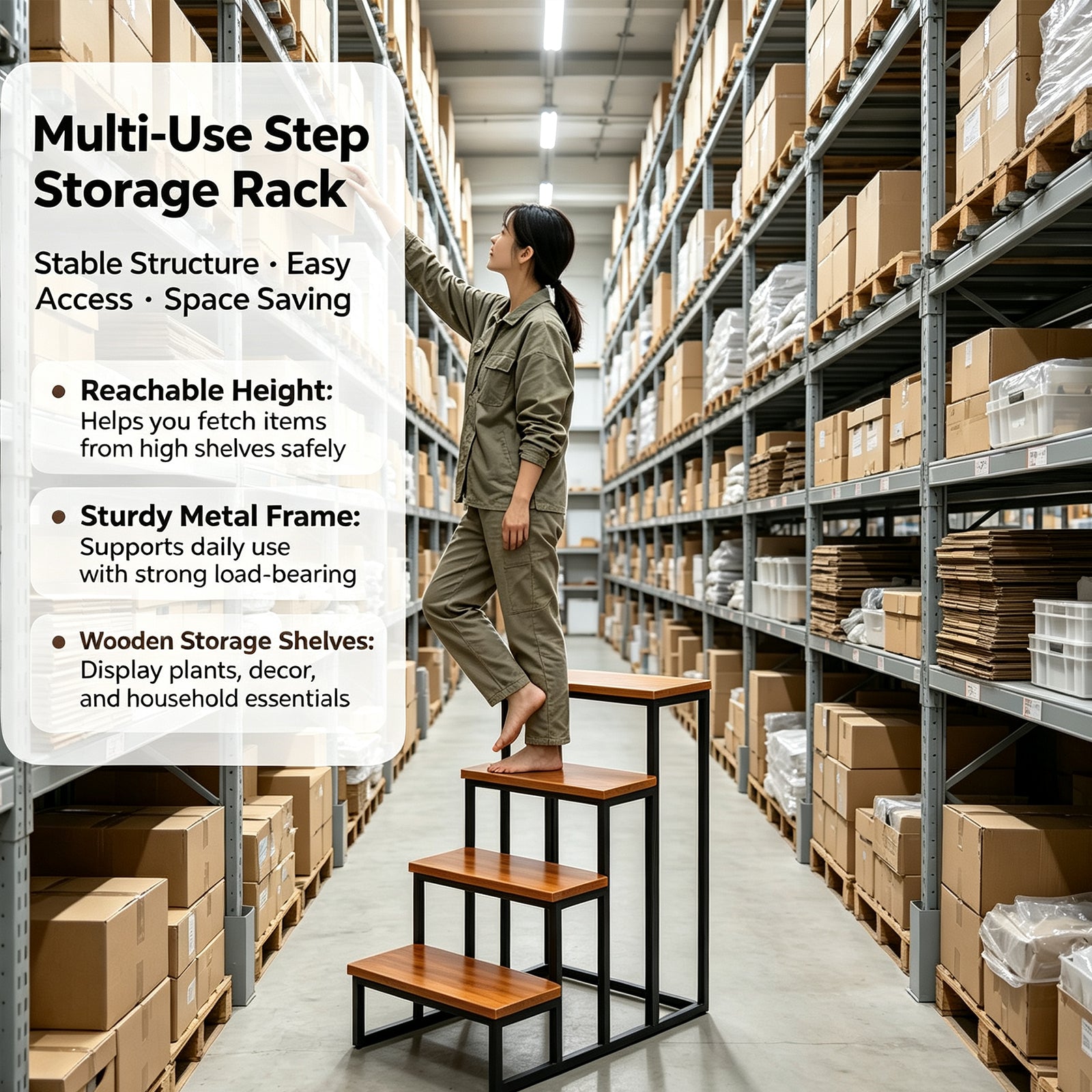 Solid Wood Step Display Rack, Industrial Metal Frame Ladder Shelf, 23 x 10 Inch Wooden Tiered Stand for Retail Vendor, Market, Countertop Plant & Merchandise Display