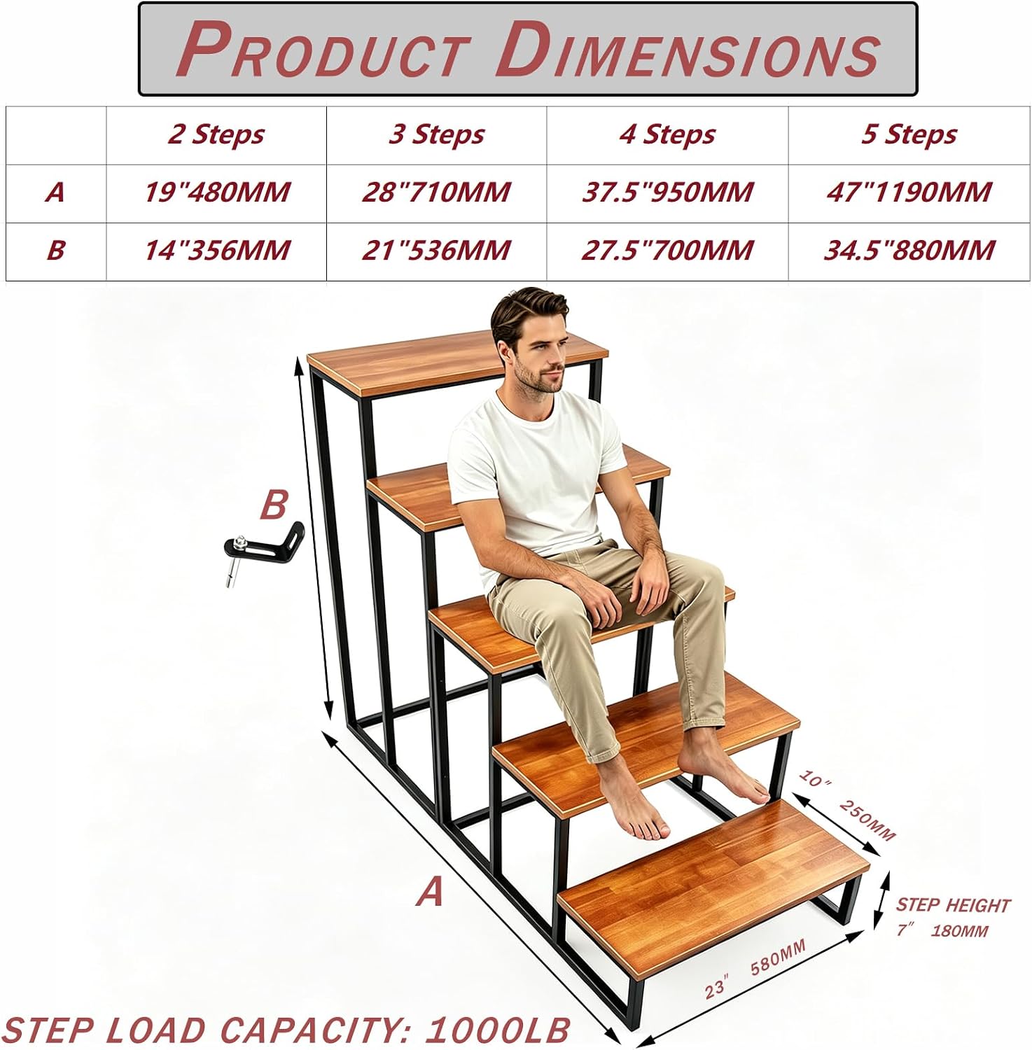 FleiSleep MDF Step Stool & Display Rack, Industrial Metal Frame Ladder Shelf, 23 x 10 Inch Tiered Stand for Retail Vendor, Market, Countertop Plant & Merchandise Display