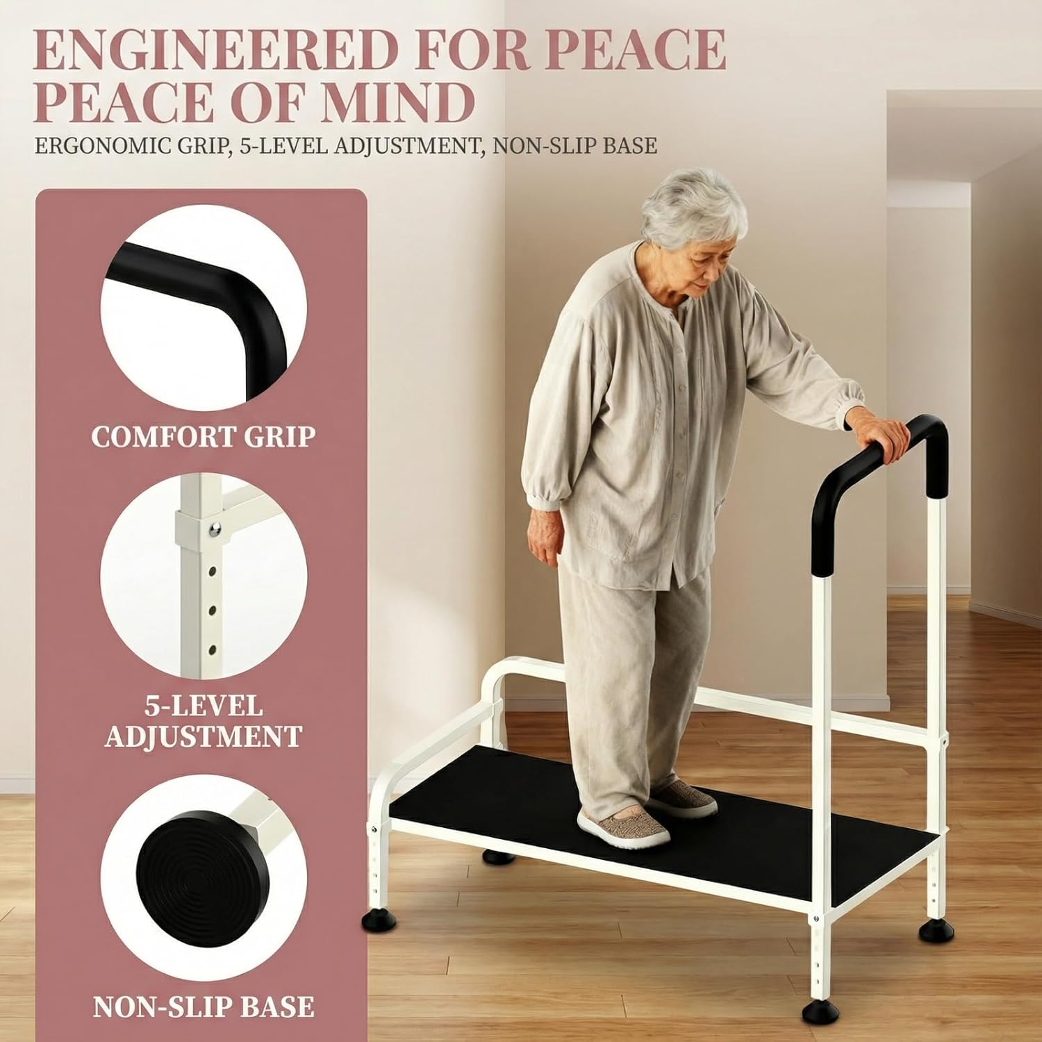 Seniors Assist Step Stool with Support Handrail, Non-Slip Platform, Height Adjustable, Multi-Purpose Household Mobility Foot Stool